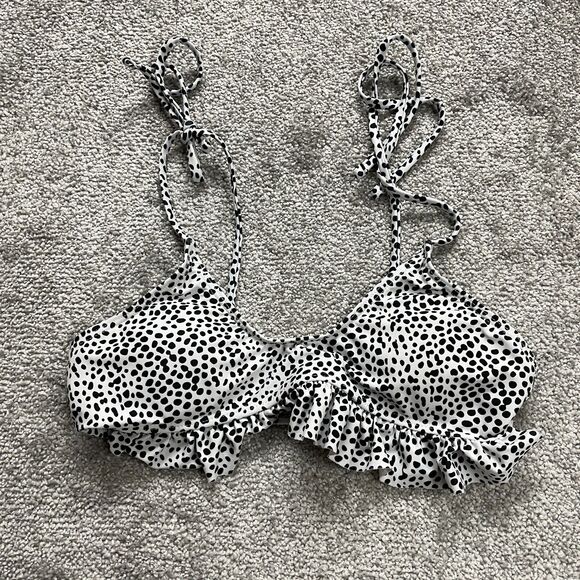 Shein Swimwear Bikini Top Womens Small Black White Dalmatian Raffles Self Tie - Picture 1 of 8
